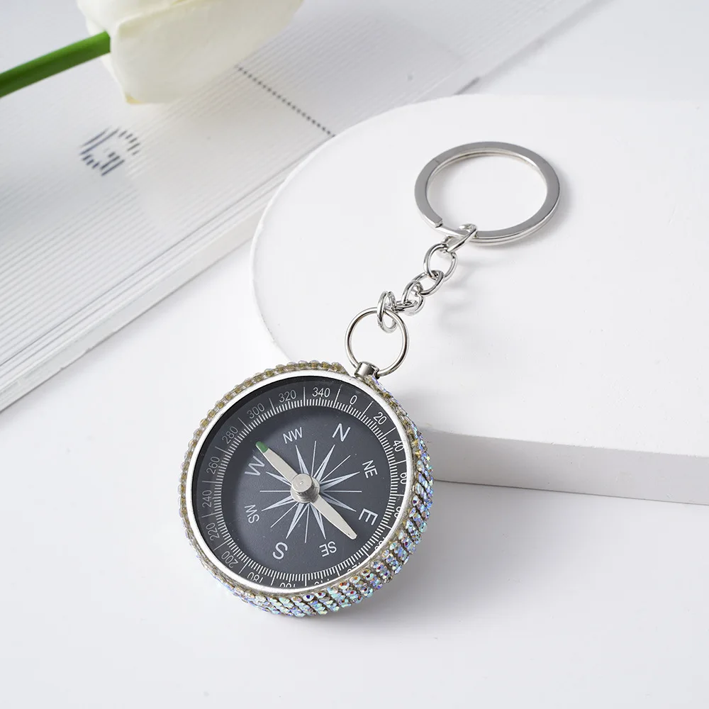 Mini Aluminum Alloy Compass Keychain Diamond Studded Navigation Self-Defense Tool for Outdoor Hiking Survival Made Durable Metal