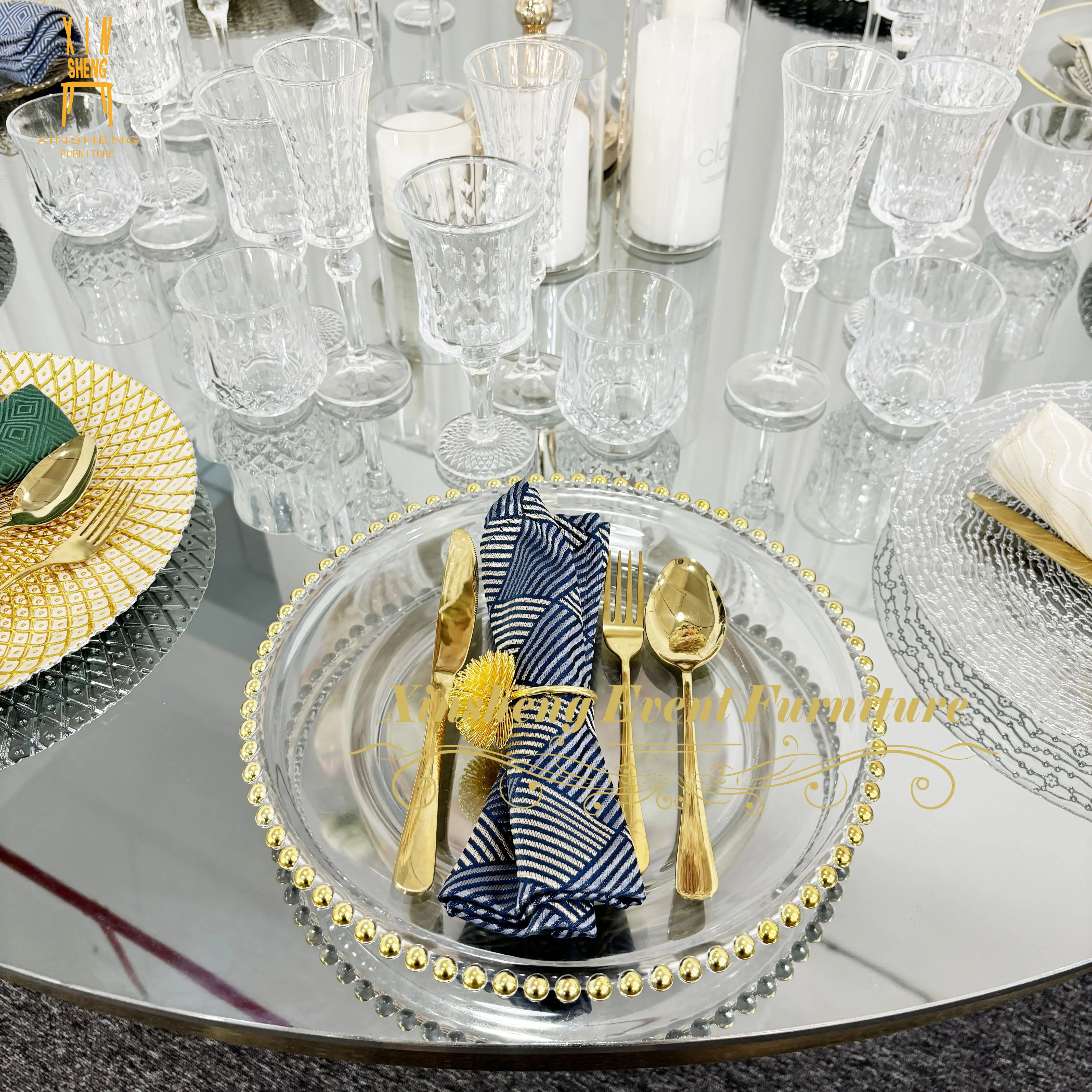 Factory Price Transparent Dinner Plate Glass With Gold Rim Beaded Party Events Banquet Wedding Tableware
