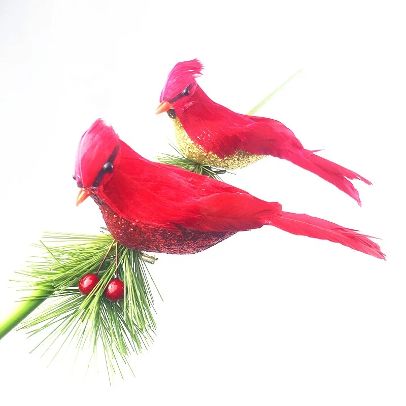 Feather Bird Red Cardinal Birds with Clips Christmas Tree Decor and Ornament