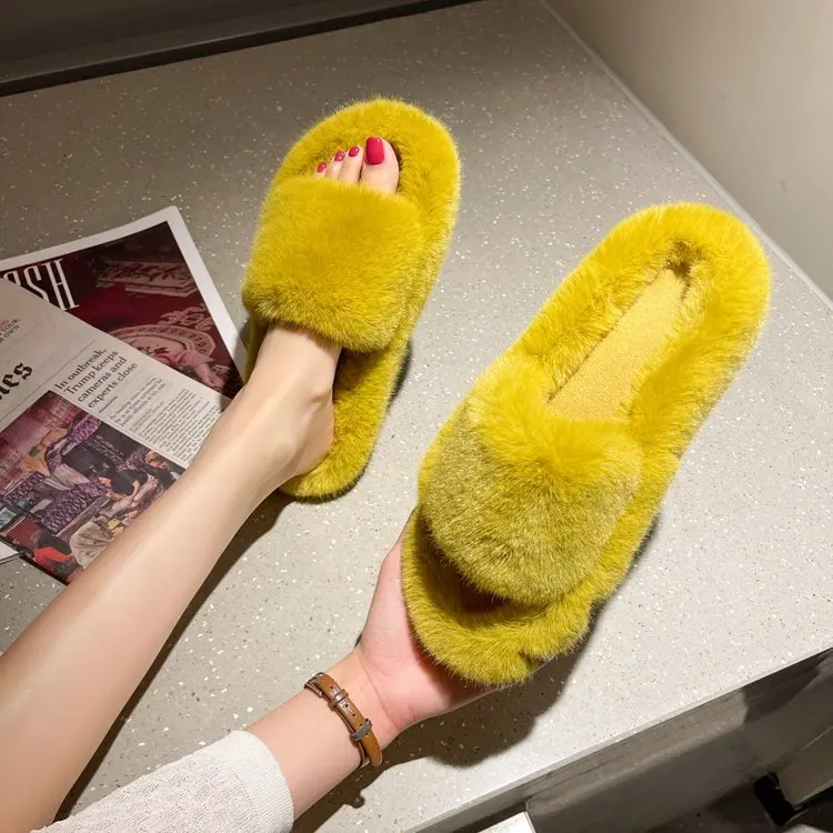 Fluffy slippers women 2022 autumn and winter new furry home flat outside to wear plush slippers flip-flops
