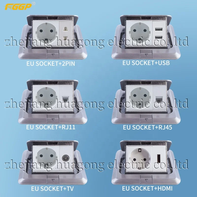 HGD-2F Domestic 2 Gang European Power Socket Silver Floor Pop Up Cover With Box/Schuko floor socket outlet