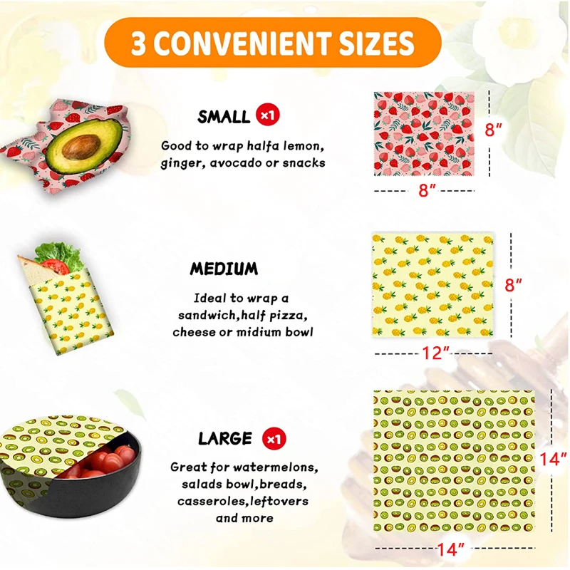 Customized Organic Cotton  Reusable Beeswax Food Wraps Set 3Pcs Assorted Sustainable Beeswax Wrap Washable Wax Wrapping