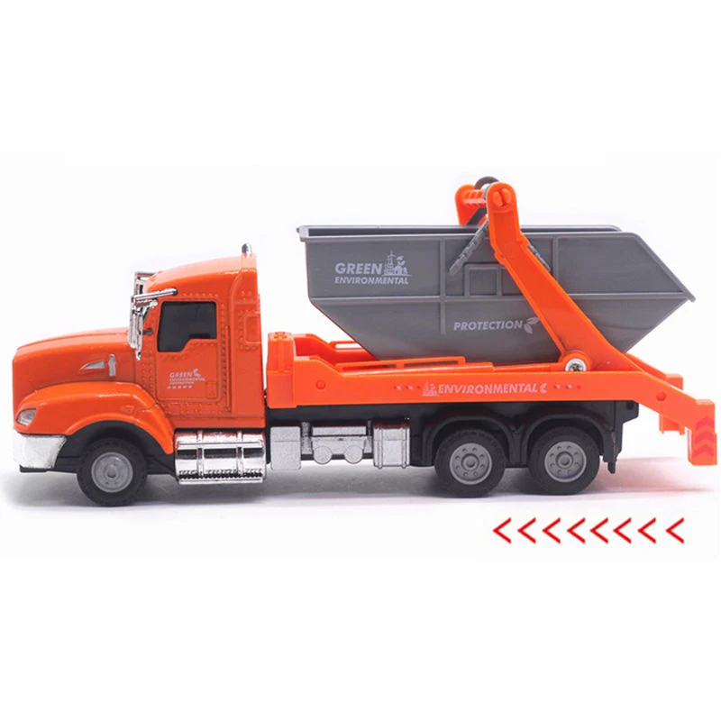 Newest Arrival 1:43 metal truck vehicle Green cleaning car Diecast friction toy vehicle pull back orange garbage truck toy