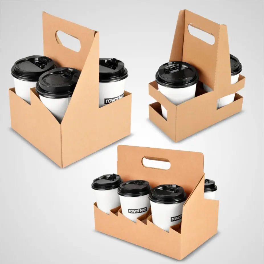 Customized Design Takeout Hot Drink Coffee Tea Cup Holder Cup Kraft Disposable Craft Paper Food  Paper  Tray with Handle