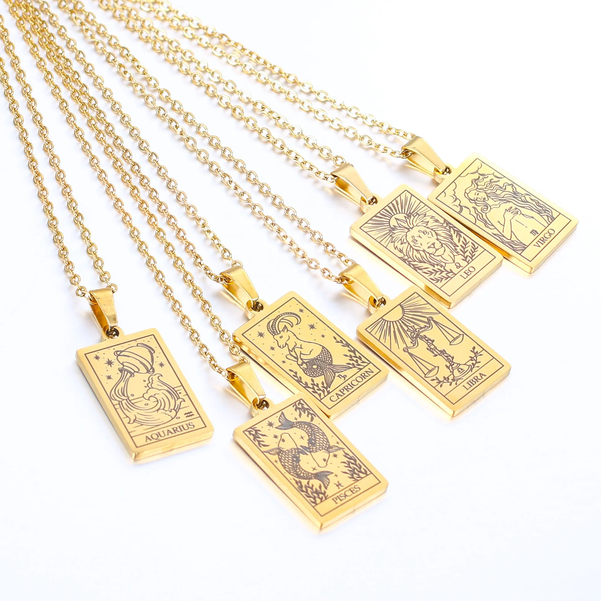 Women Jewelry 18k Gold Plated Stainless Steel Wish Card Necklaces Pendant Astrology Horoscope Tarot Card 12 Zodiac Sign Necklace