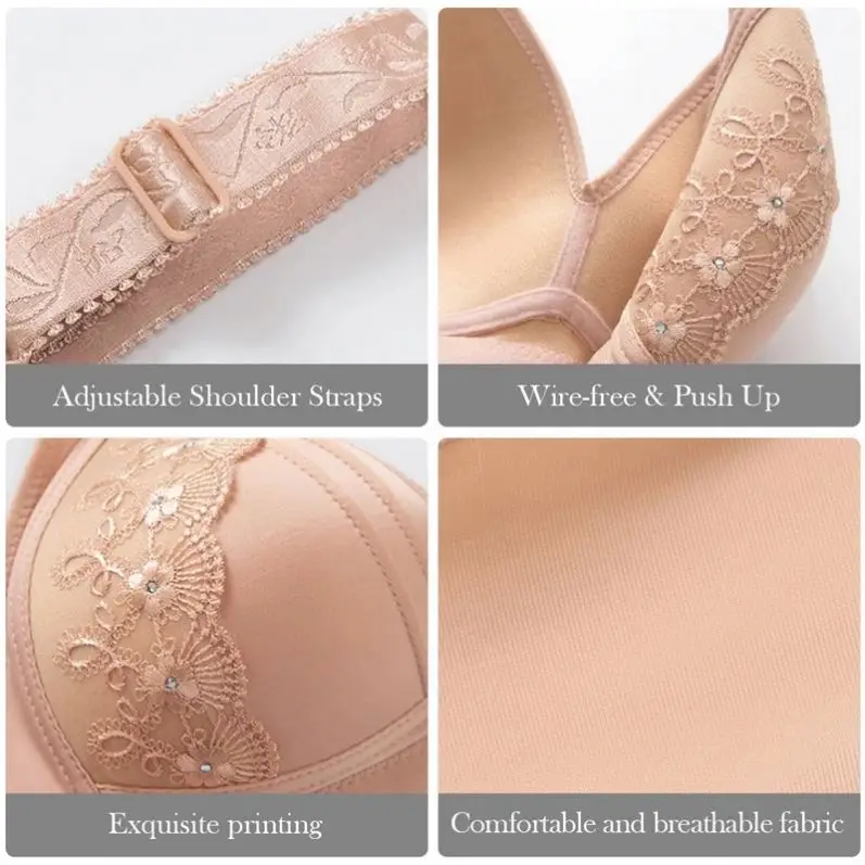 Flower Wireless Push Up Bra Big Cup For Breasted Women Full Coverage Thin Wire Free Back Closure Soft