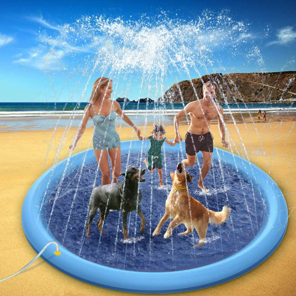 Outdoor backyard dog sprinkling water sprinkling children and dog outside water toy girl boy splash mat