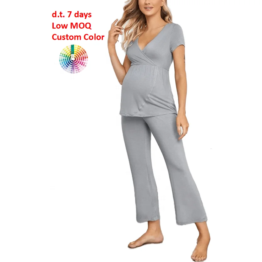 
M047 Grey V-neck Short Sleeve Cotton Top and Pants Maternity Loungewear Clothes Sets 