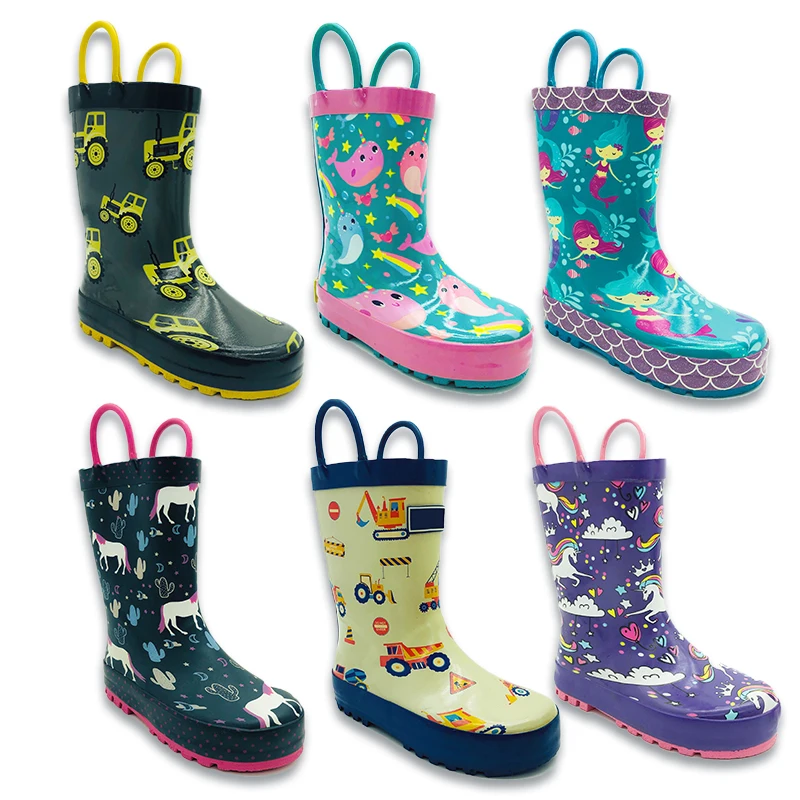 Wholesale Children Waterproof Dual-handles Rubber Kids Wellies Toddler Rain Gum Boots