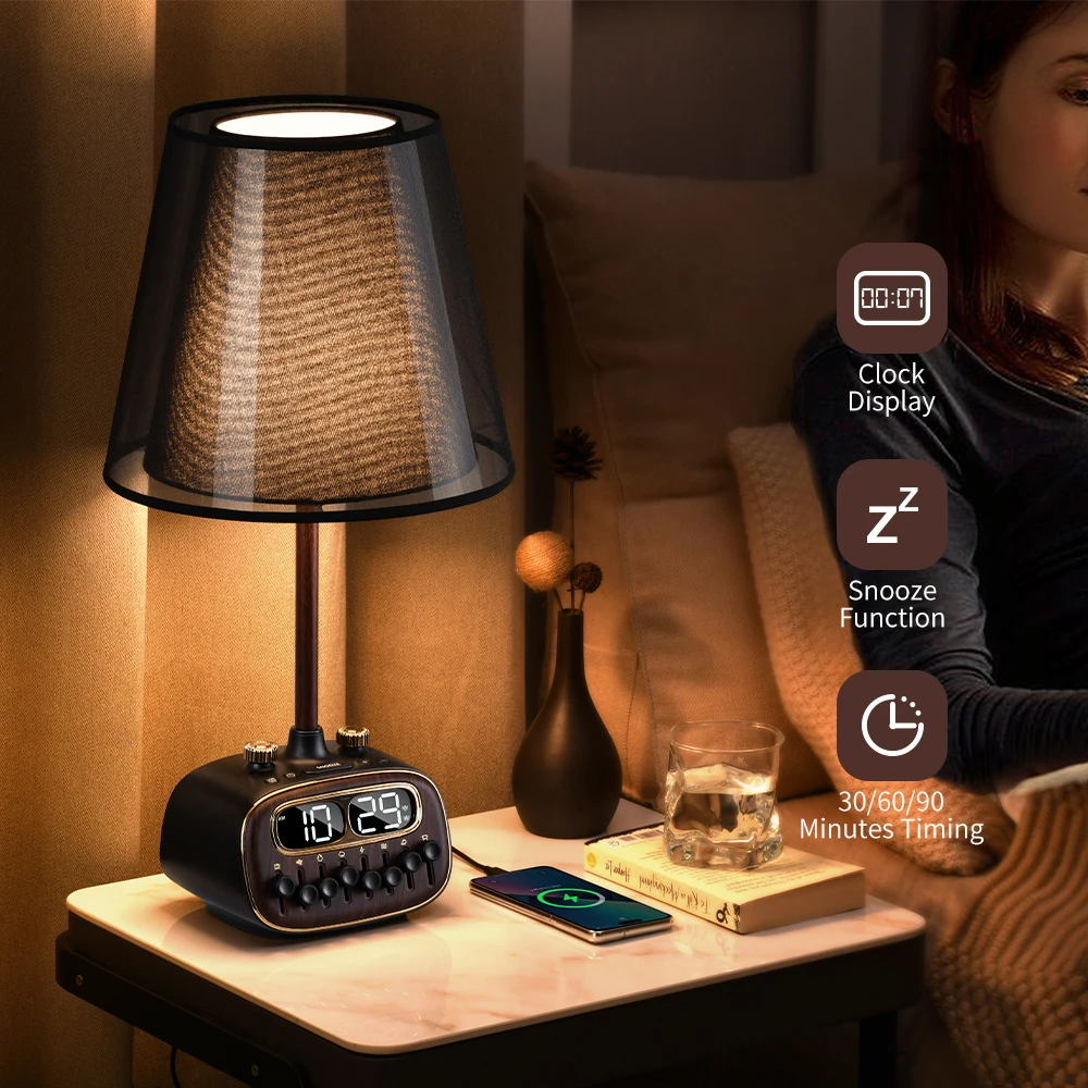 Home decor alarm clock bluetooth speaker music USB luxury linen lamp shade nightstand bedside bedroom living room led table lamp