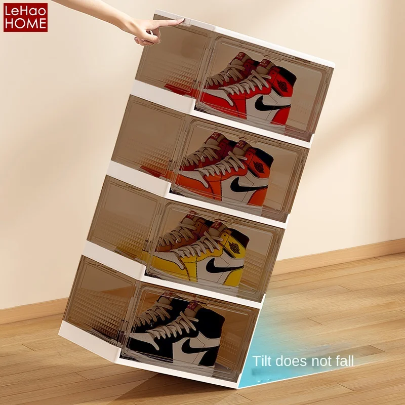 Space-Saving Transparent Plastic Folding Shoe Box Rack Side Opening Shoe Drawer Cabinet Stackable Clear Combination  shoe case