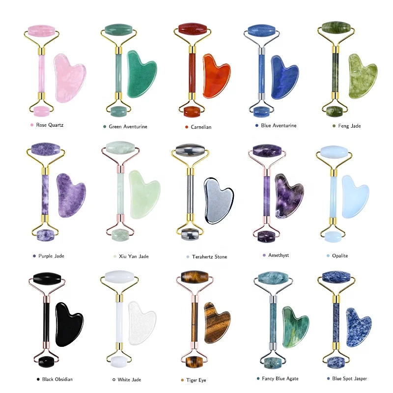 Custom Logo Pink Crystal Facial Massage Tool Jade Gua Sha Set Rose Quartz Face Roller Guasha Stone Skin Care Beauty Products