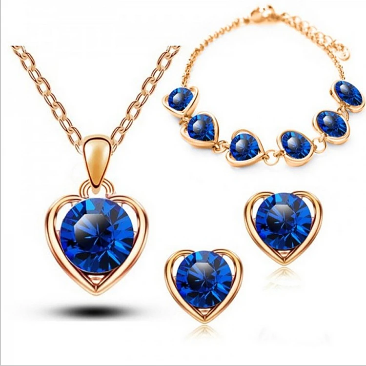 Simple heart necklace earrings bracelet three-piece element crystal fashion jewelry alloy diamond accessories