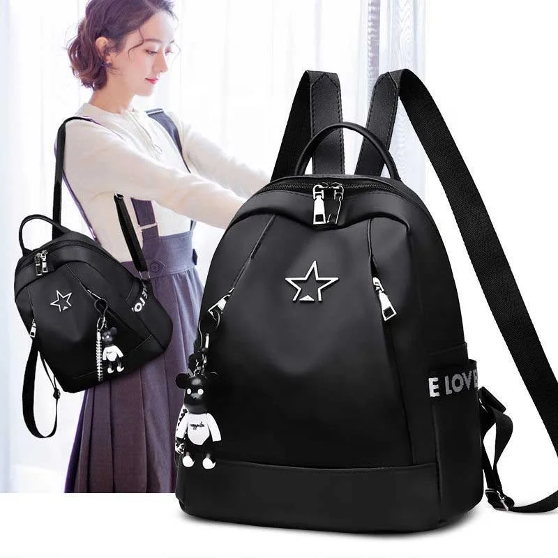 Simple Personality Popular Silver Star Pattern PU Leather Black Fashion Backpack For Women
