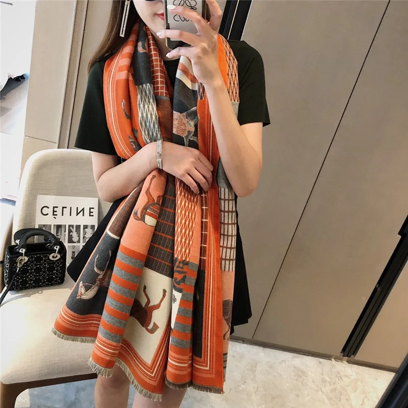 New Design Imitation Cashmere Letter Horse Pattern Shawl Korean Version Bib Protect Warm Winter Scarf For Women