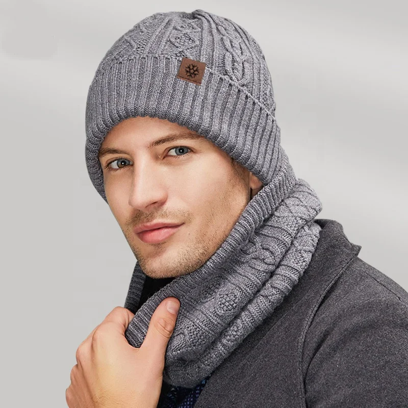 Winter Knitted Gloves Hat Bib Set of 3 Touch Screen and Plush Warm Wool Hat