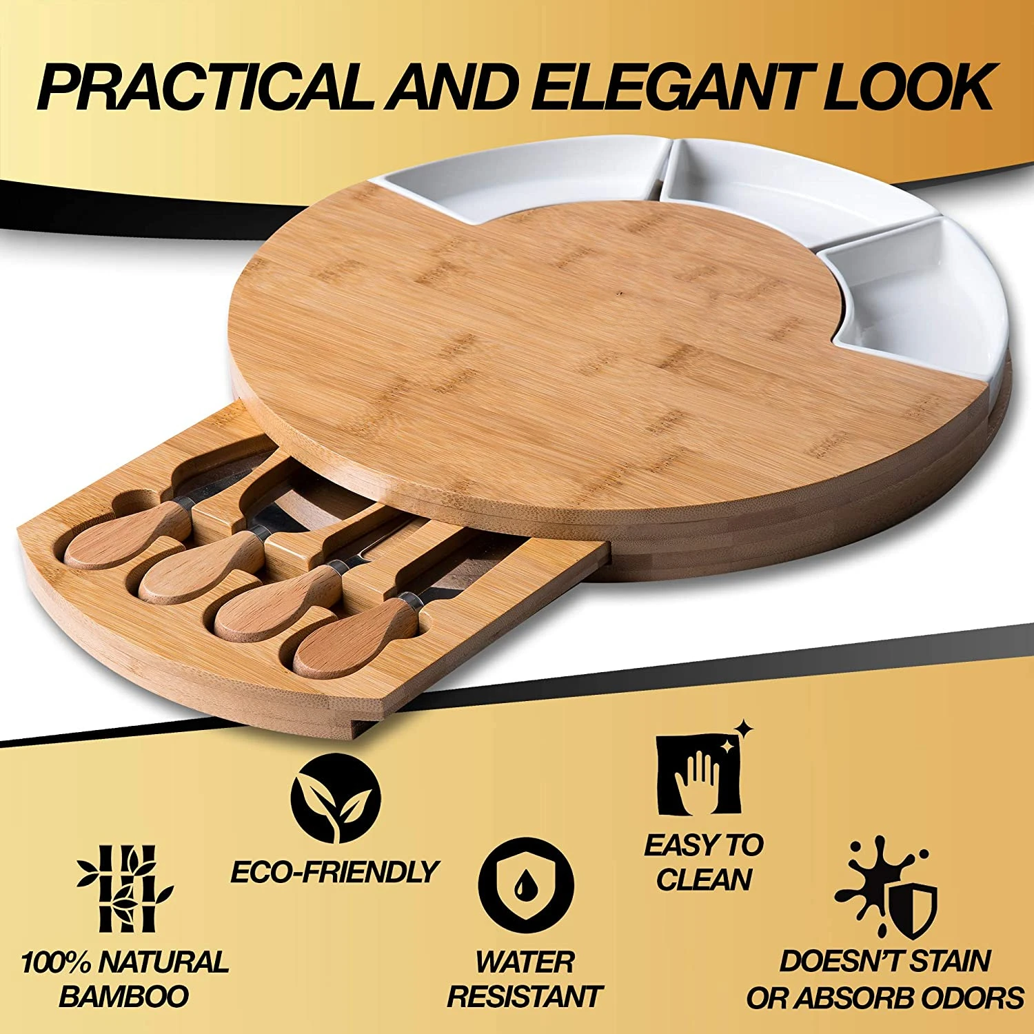 Premium Bamboo Cheese Board and Knife Set Charcuterie Board Set Accessories Meat and Cheese Board, Serving Platter with 3 Bowls