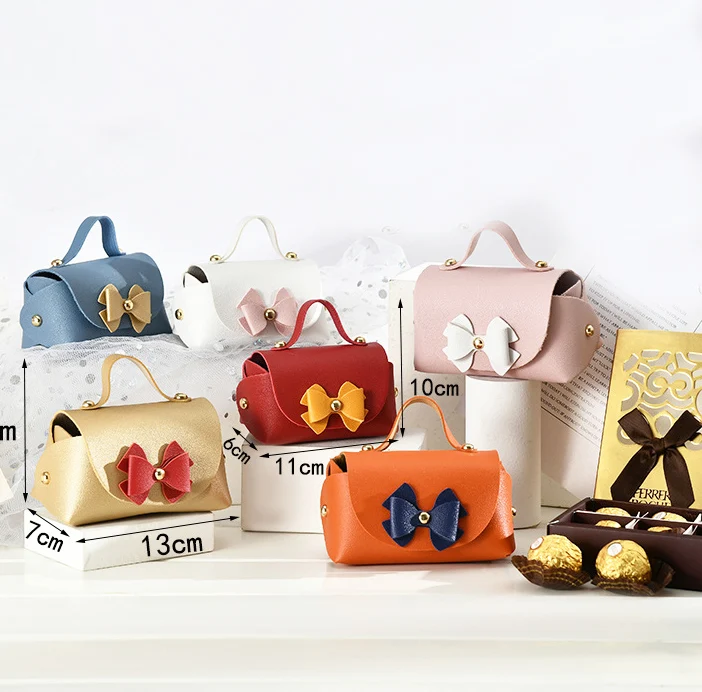 Manufacturer Customized European Style Baby Shower Birthday Wedding Favor Leather Candy Bag with Cute Bowknot