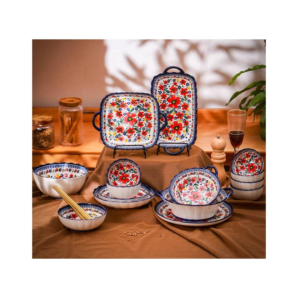 colorful flowers Dinnerware Set Bohemia Style Ceramic Cutlery with Foam  Hand-painted Exquisite Creative Household Tableware
