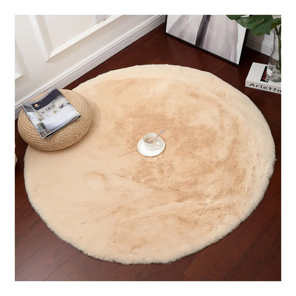 Handmade Round Area Rug Logo Customizable Faux Rabbit Fur Shaggy Carpet for Office & Bathroom Thick Woven Soft Texture