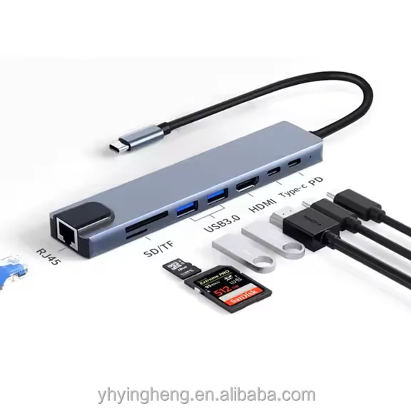 USB Type-C концентратор 8-в-1 адаптер с портом Ethernet 4K HDMl USB 3,0 порт TF/SD