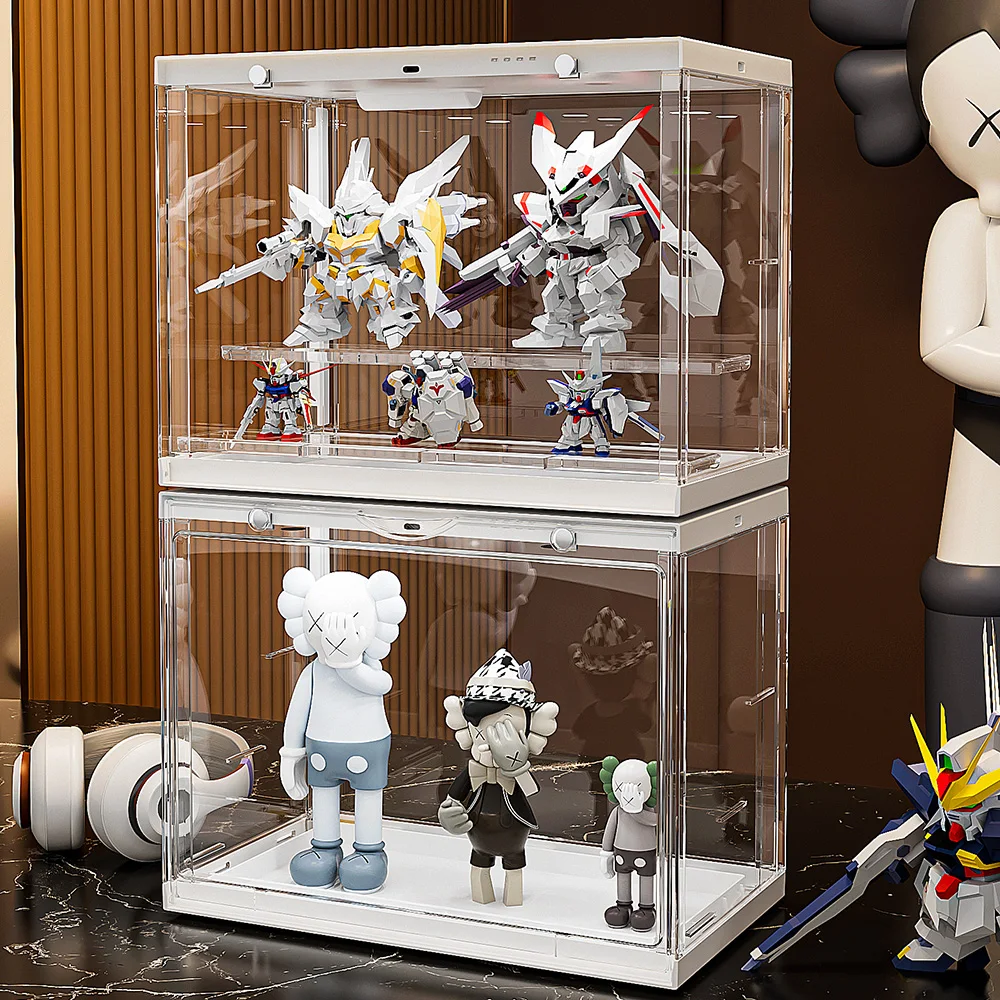 Lighting Clear Acrylic Display Case for Lego Minifigure, Action Figure with Shelf Collectibles Storage Assemble Showcase
