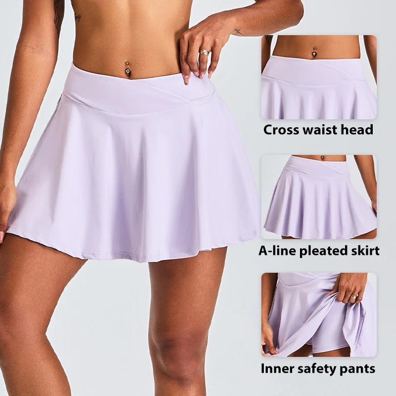 New Style Moisture Wicking Tennis Skirt The Abdomen Cross Belt  Lining Waist Top Sports Skirt
