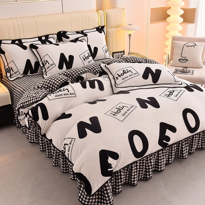 2023 High Quality Milk Flour Embroidery Four Piece Set Printed Quilt Cover Soft Bedding Set