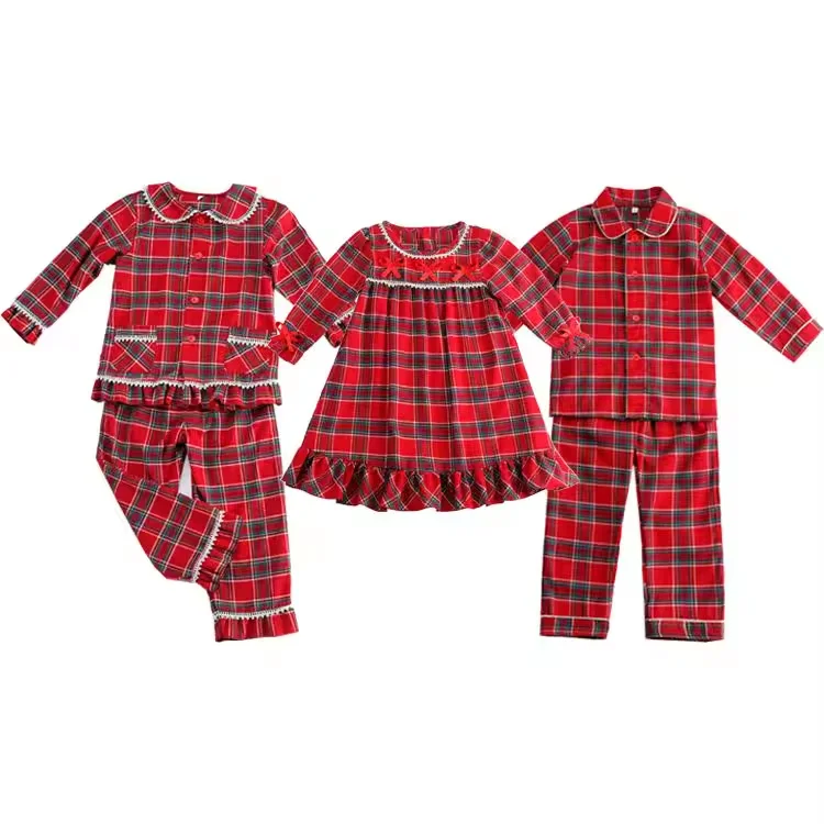 Christmas family matching  button down  pajamas set toddler girl ruffle nightgown kids baby boy girl solid red pajama