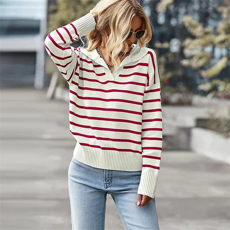 CustomLogoOemSpringFashionCottonKnitStripedSweaterPoloEssentialsSweaterWomen