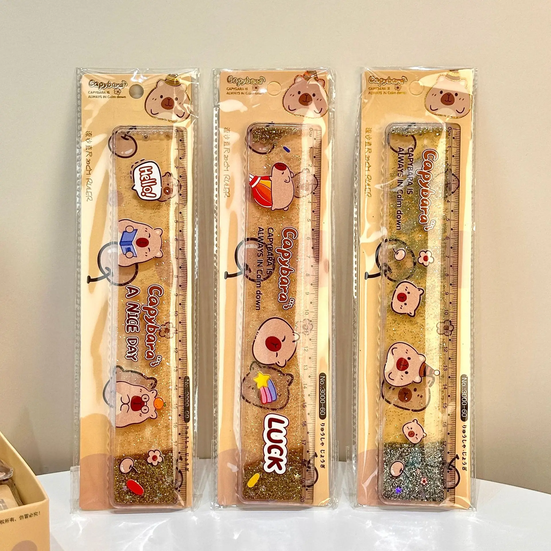 Cute Capybara Cat liquid acrylic plastic cute cartoon animal quicksand glitter straight ruler 20cm