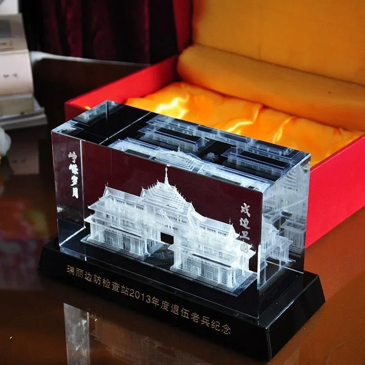 Custom 3D Engraving Building Model Inside Crystal K9 Crysal 3D Laser Crystal Souvenir Cube Crystal Paperweight Gift