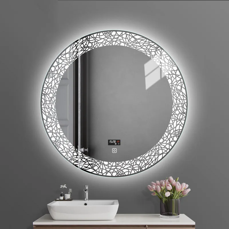 New Design Hot Laser Engraving Line Round 3 Light Color Beauty Wall Decor Led Magic Bathroom Lighted Mirrors