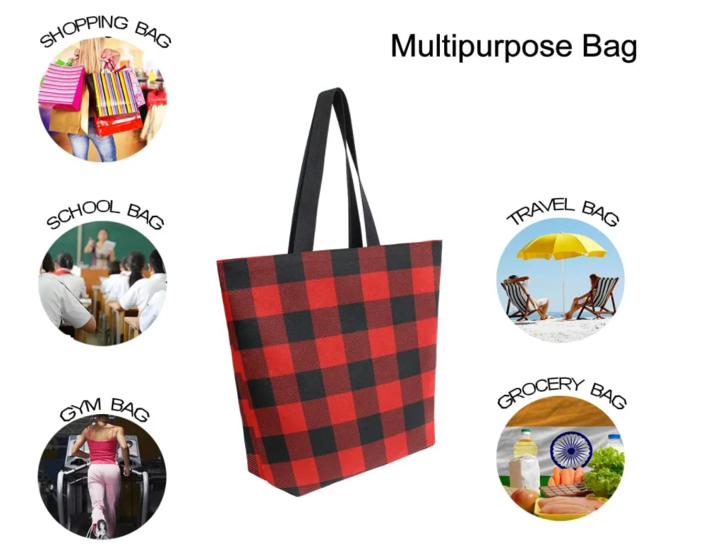 Large Grocery Shopping Bag Plaids Reusable Canvas Tote Bag Casual Beach Shopping Tote Heavy Duty Washable Shoulder Bags Handbag