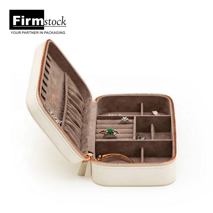Custom white storage Leather Small zipper jewellery Boxes luxury Portable ring Travel Jewelry box Organizer