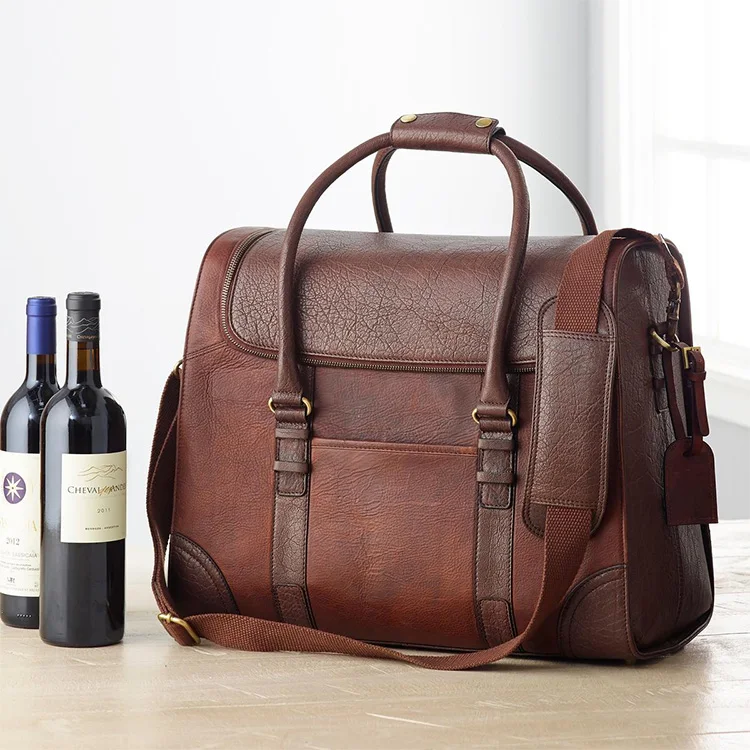 Waterproof Leather Bag Wine Carrier Luxury Leather Beach Travel 6 Bottles Vintage Weekender Insulated Wine Tote Bag