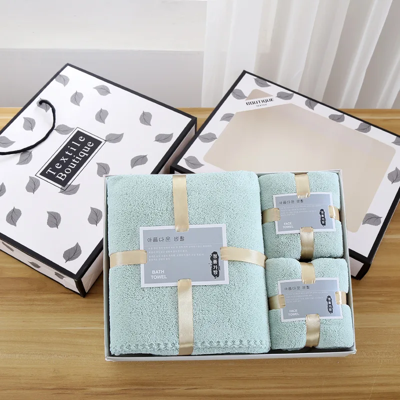 Coral fleece water absorbent towel set microfiber super soft 3 pieces towel set in gift box face/bath towel