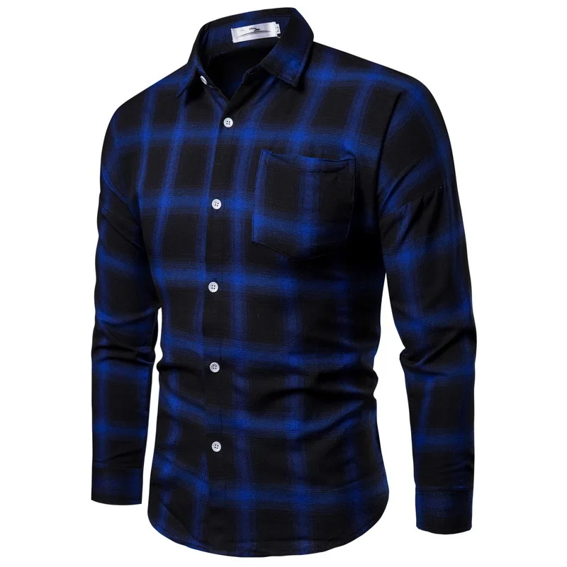 Fashion style plaid big checked plaid long sleeve button shirt flannel mens checked shirt casual