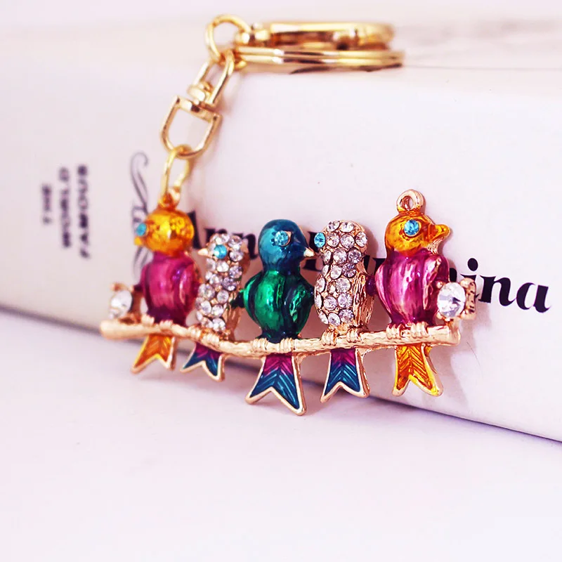 1PC Rhinestone Crystal Enamel Dripping Oil Birds Branch Keychain Sparkling Bird Keyring Decor Pendant for Bag Purse Wallet