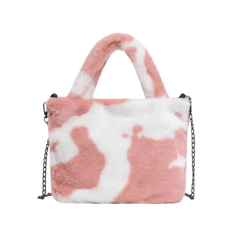 Cow printing small fuzzy tote bags for girls like soft cloud furry purses and handbags with chains fur women hand bags