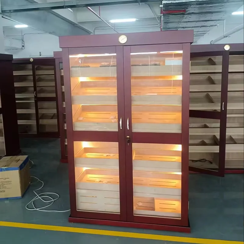 Wholesale Retro cherry  High Quality Wood Cigar Cabinet  LED  lighter  Large Storage Custom Logo Cigar Humidor Cabinet Display