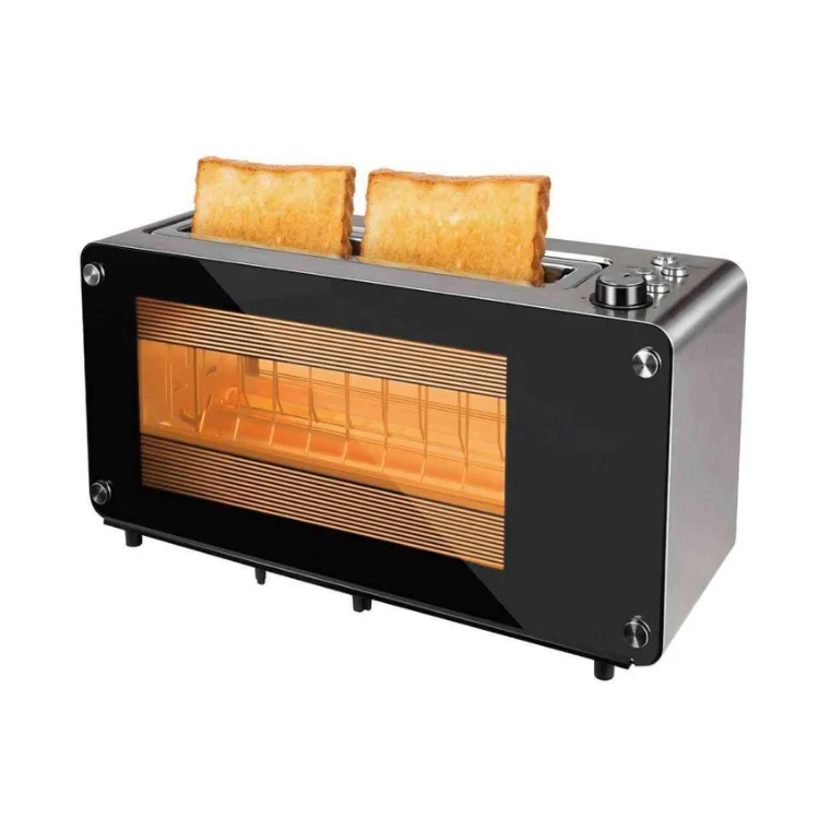 2 Slice Long Slot Automatic Lifting Rigid Toaster with Glass Viewing Window   for Home Use