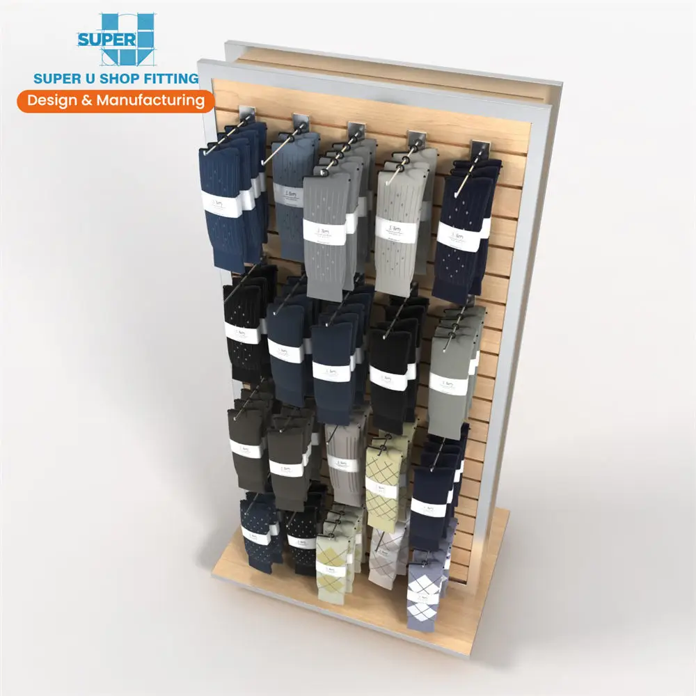 Custom Retail Sock Display Wooden Socks Sales Stand Furniture Footwear POP up Floorstanding Two Sided Mobile Display for Socks