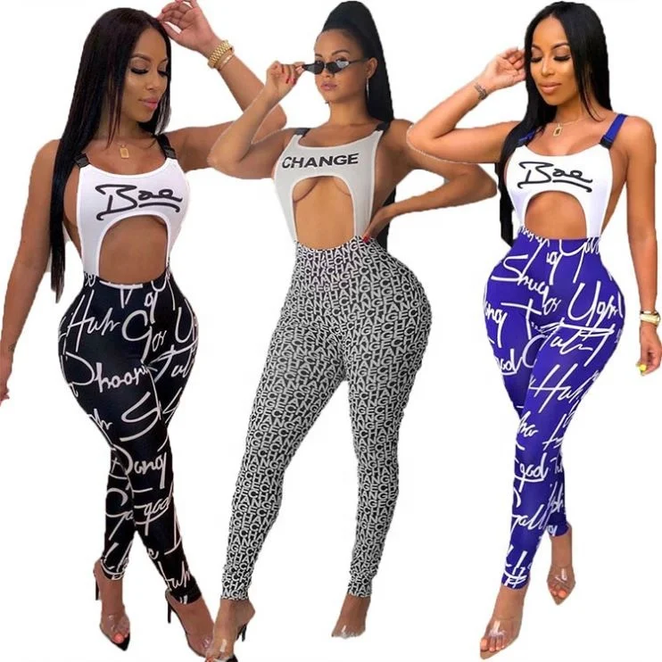 ladies modern hollow out backless letter print bandage rompers womens jumpsuit women 2021