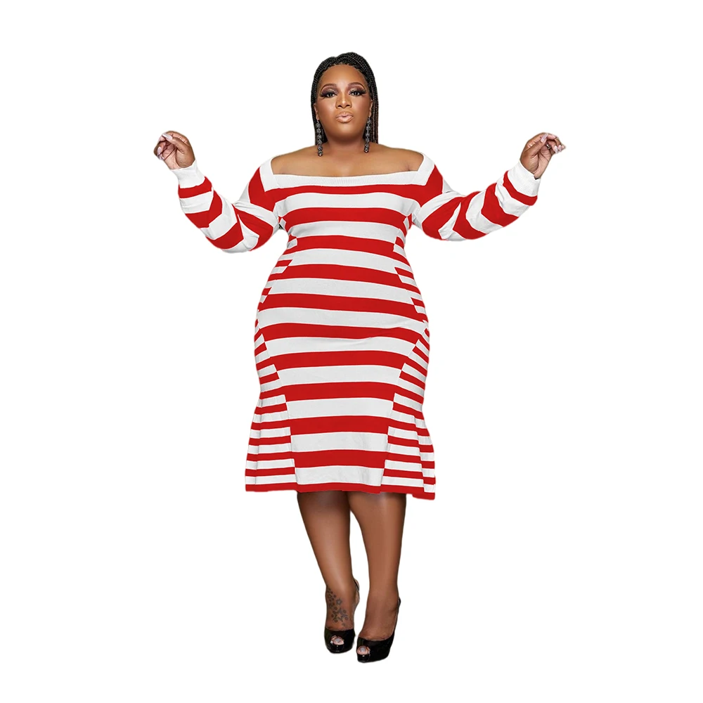 Lady Plus Size Striped Print Dress  Elegant Sexy Dress Women Clothing