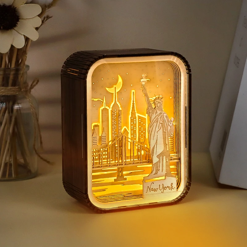 Home Decor Luxury Custom City Landscape Wood Frames LED Night Light Wooden Lighting Desk Lamp 3D Nightlight Christmas Gift Items