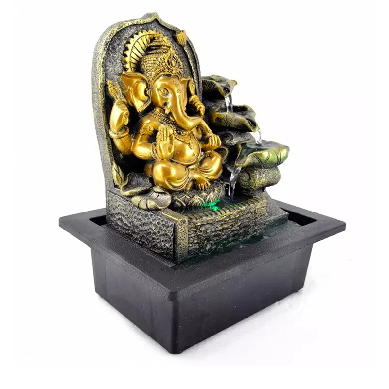 Home Office Desktop Hindu ELephant God Water Fountain Meditation Tabletop Resin Ganesha Statue Water Fountain