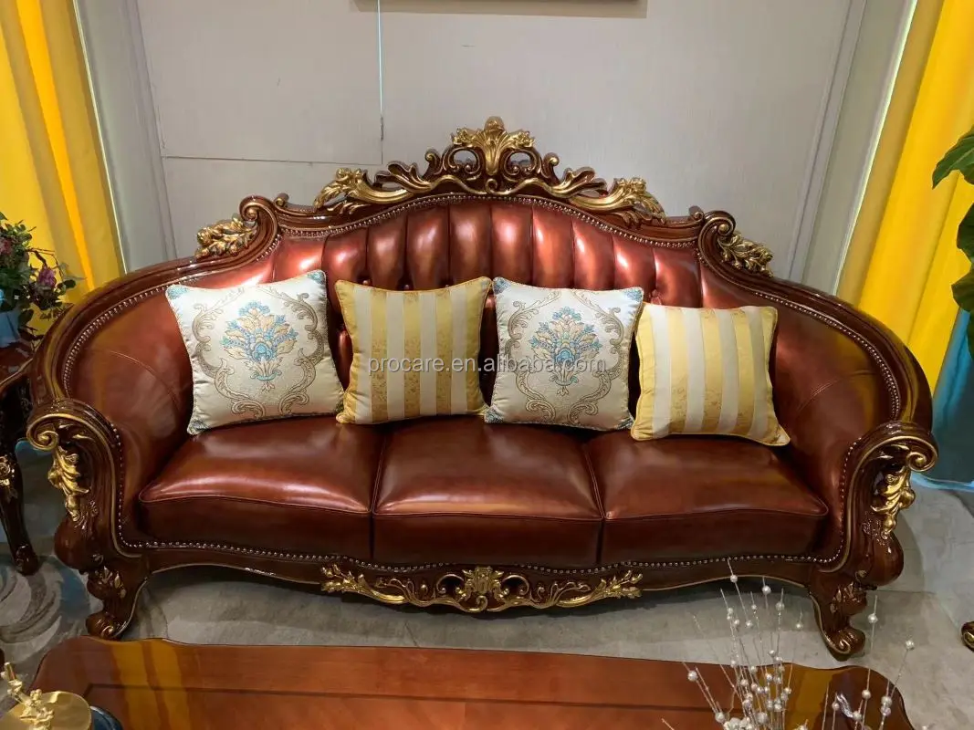 Europe Style Top Grain  Genuine Leather Furniture Sofa Set  Solid Wood Frame Living room Sofas  Set
