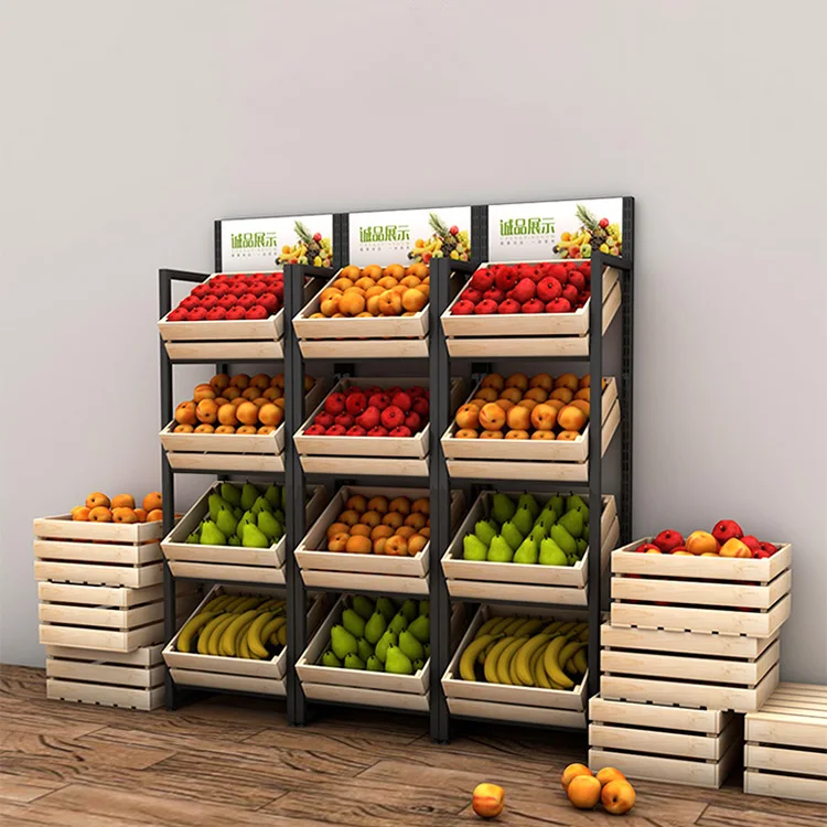 Company Freshfruitsandvegetables Iron Frame Supermarket Shelves Stand Display Wood Fruit Display Rack