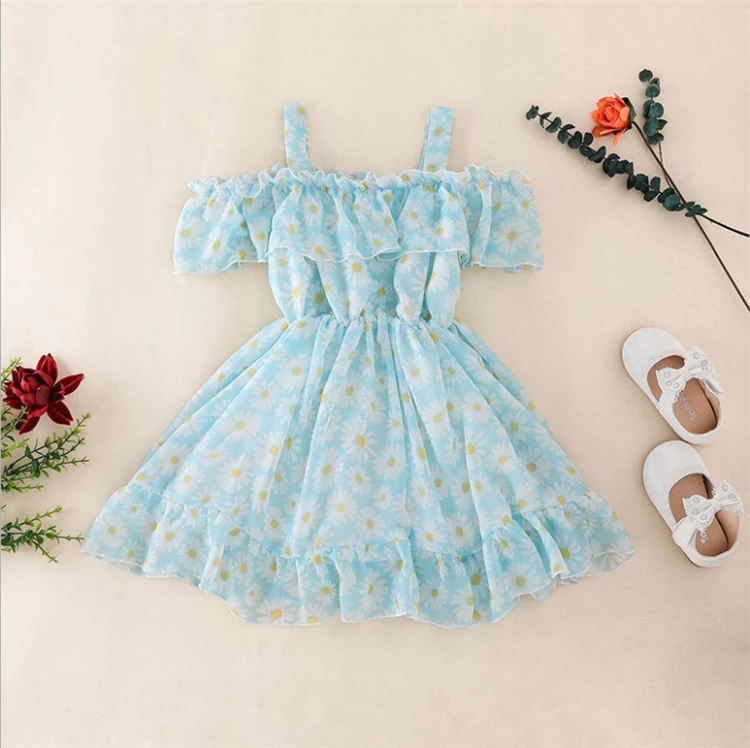 New Baby Girl Clothes Floral Printed Chiffon Children Strap Toddler Girls Dresses Summer 2021 Casual Princess Teenage Kids Dress